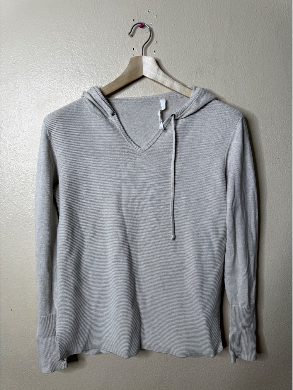 Athleta Womens M Gray V Neck Hooded Sweater Pullover Cotton Blend Long Sleeve